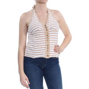 WE THE FREE Womens Beige Striped Button Front Sleeveless V Neck Top M